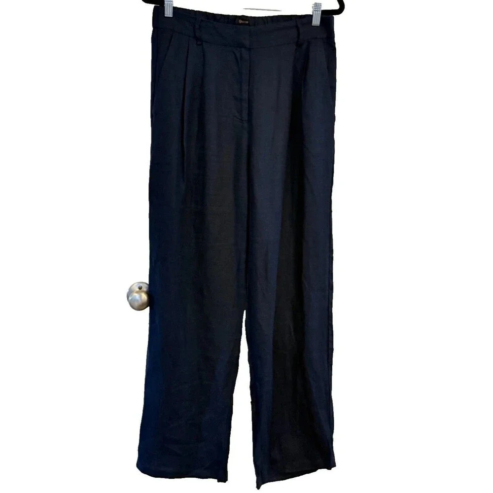Quince 100% European Linen Navy Blue Pleated Trousers Women Sz 12 High Rise EUC